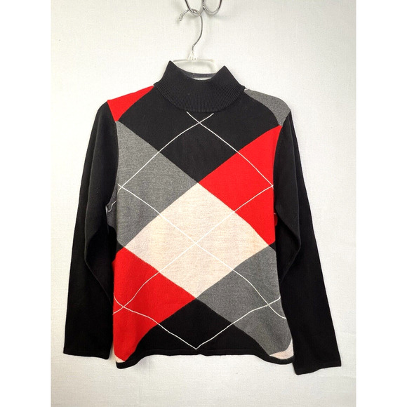 Sag Harbor Argyle Sweater Women's Small Black Red Mock Turtleneck Work School - Picture 1 of 6